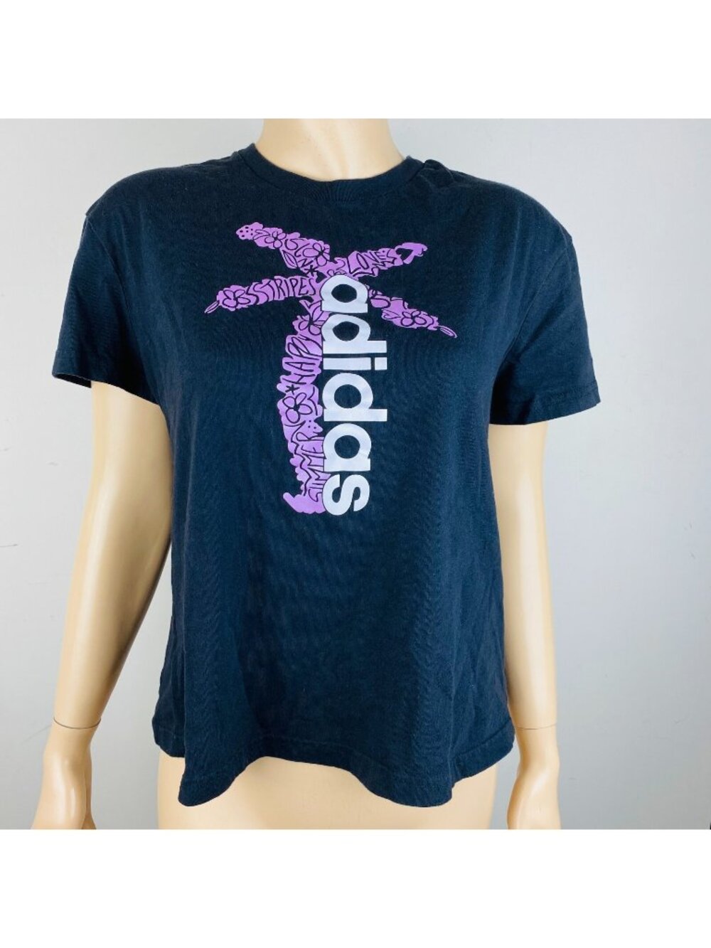 Adidas Black Short Sleeve T-Shirt Summer Happy Stripes Love Women's Large L